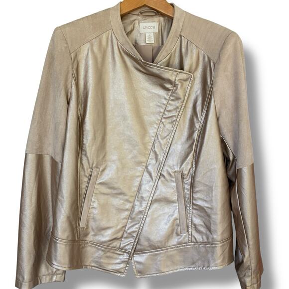 Chico's Moto Jacket Sz 2 (Large) Faux-Leather Champagne Gold Asymmetric Full Zip - Picture 1 of 7